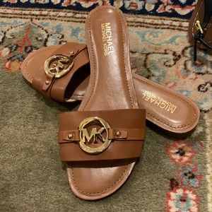 Michael Kors camel leather slides with tiny heel and non-skid. Size 6.5